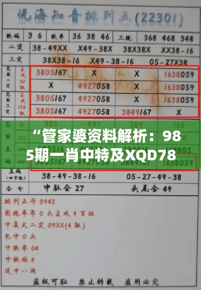 “管家婆资料解析:985期一肖中特及XQD780.09黄金版安全策略”